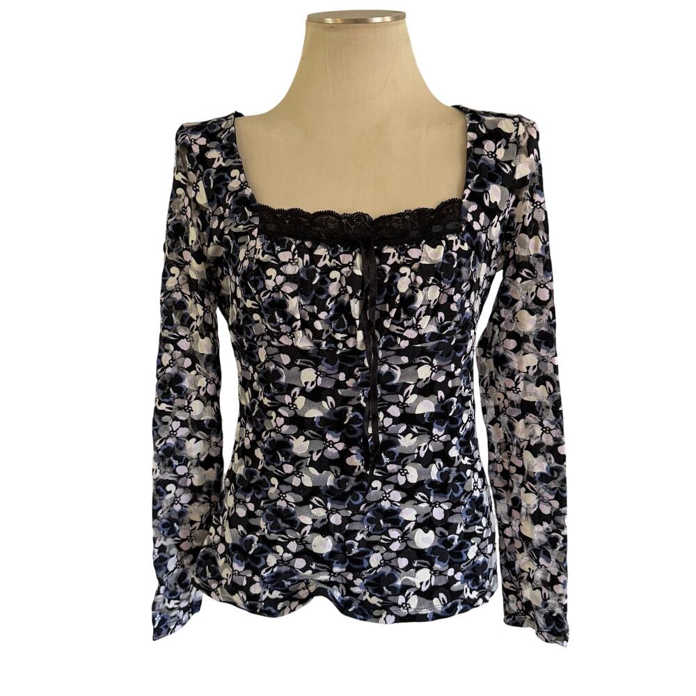Vtg Y2K 2000s Purple Floral Babydoll Mesh Lace Blouse L Fairy Grunge Whimsygoth
